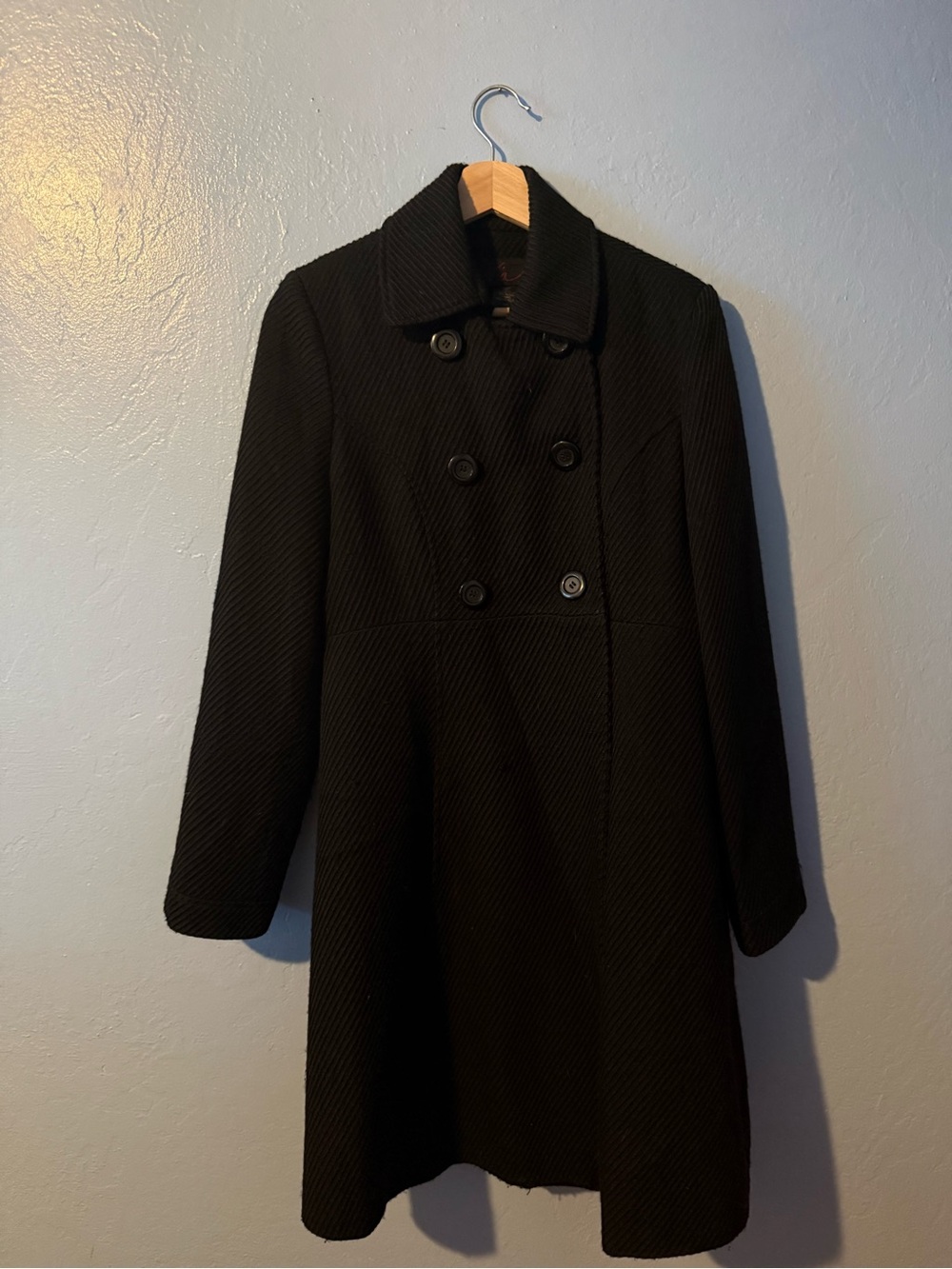 Via Women’s Black Double-Breasted Wool Blend Classic Pea Coat